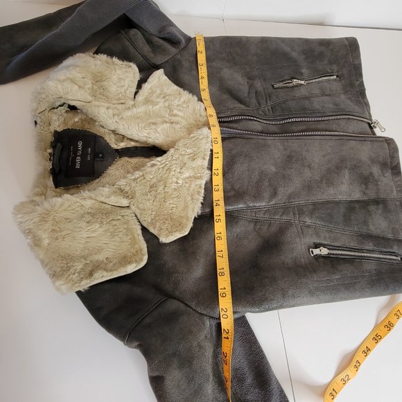 River Island Women's Faux Suede and Fleece Bomber Jacket, Blk/Beige, Size 10 - Picture 7 of 11